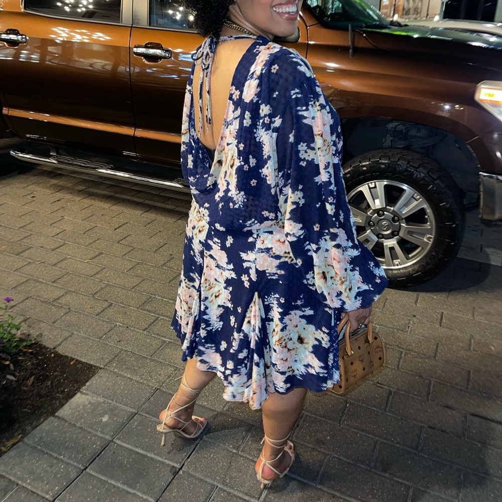 ASOS Design Curve Navy Blue Floral Print Tie Back Long Sleeve Dress Size 20